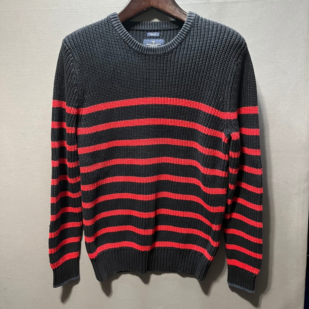 American Eagle Mens Prep Fit Ribbed Striped Crewneck Sweater Grey Red Size M